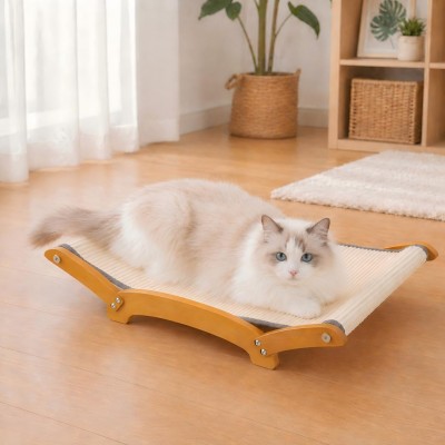 【GIFAIRY】Extra-Large Sisal Cat Scratcher Bed – Solid Wood Frame, 3-in-1 Lounger, Play & Scratch Pad for Indoor Cats, Kittens & Adults, Beige