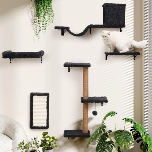 【GIFAIRY】5-in-1 Cat Wall Shelves – Multi-Level Climbing System with Bed, Cave, Perch & Scratching Post, Space-Saving Playground for Indoor Cats, Natural Wood Gray 【GIFAIRY】5-in-1 Cat Wall Shelves – Multi-Level Climbing System with Bed, Cave, Perch & Scratching Post, Space-Saving Playground for Indoor Cats, Natural Wood Gray