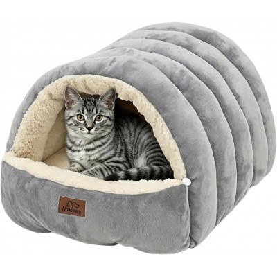 【Noocyarn】2-in-1 Covered Cat Cave Bed – Enclosed House with Zippered Washable Mat, for Indoor Cats, Small Dogs & Kittens, Grey