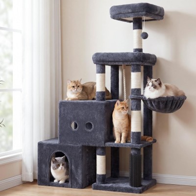 【Hey brother】Cat Tree Tower with Scratching Posts – 2 Condos, 2 Platforms, Grooming Brush & Basket, Climbing Pathway for Indoor Cats, 51.2", Smoky Gray MPJ061G