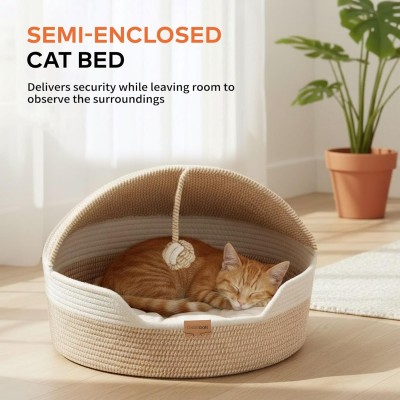 【CHEERPALS】Covered Cat Basket Bed with Washable Cushion & Cotton Ball Rope – Handwoven Breathable Cave Design for Indoor Cats, All-Season Universal, White "